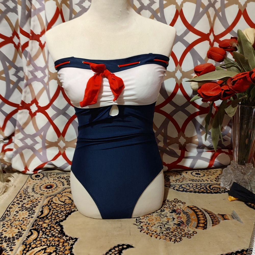 Navy and White Strapless Swimsuit with Red Bow